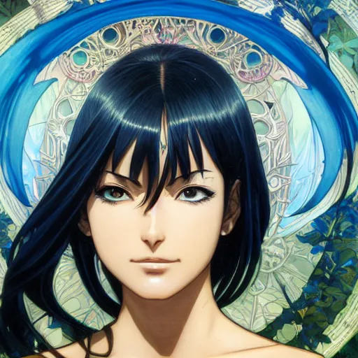 Image similar to highly detailed vfx portrait of nico robin by eiichiro oda!, makoto shinkai, alphonse mucha, sharp focus, art by artgerm and greg rutkowski!, backlit, harsh overhead sunlight, blue eyes!!, large aquiline nose!!, stanley kubrick, kaoru mori, shadows, best of behance,