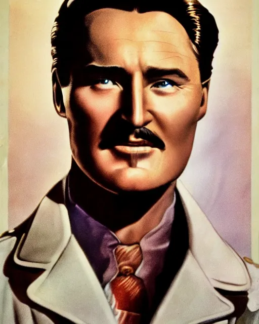 Image similar to Errol Flynn as a scientist. 1980s dystopian Soviet Russia, propaganda screens. Stephen Bliss, unreal engine, fantasy art. Faithfully depicted facial expression, perfect anatomy global illumination, radiant light, detailed and intricate environment