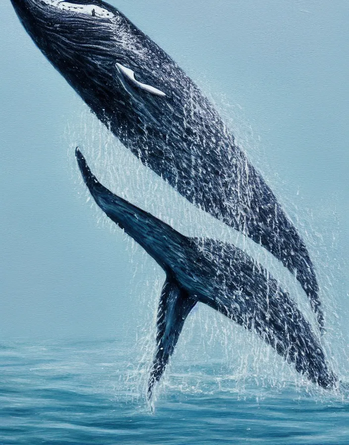 Image similar to high detail painting of a humback whale jumping out of water