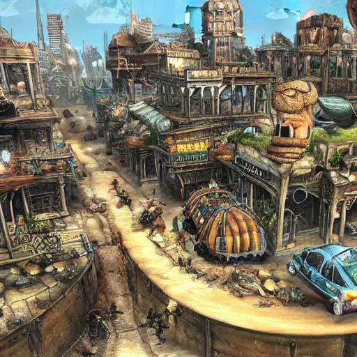 Image similar to fantasy city on a giant tortoise's back while the tortoise walks through a wasteland. The city has streets and markets, Realistic. Hyper detailed.