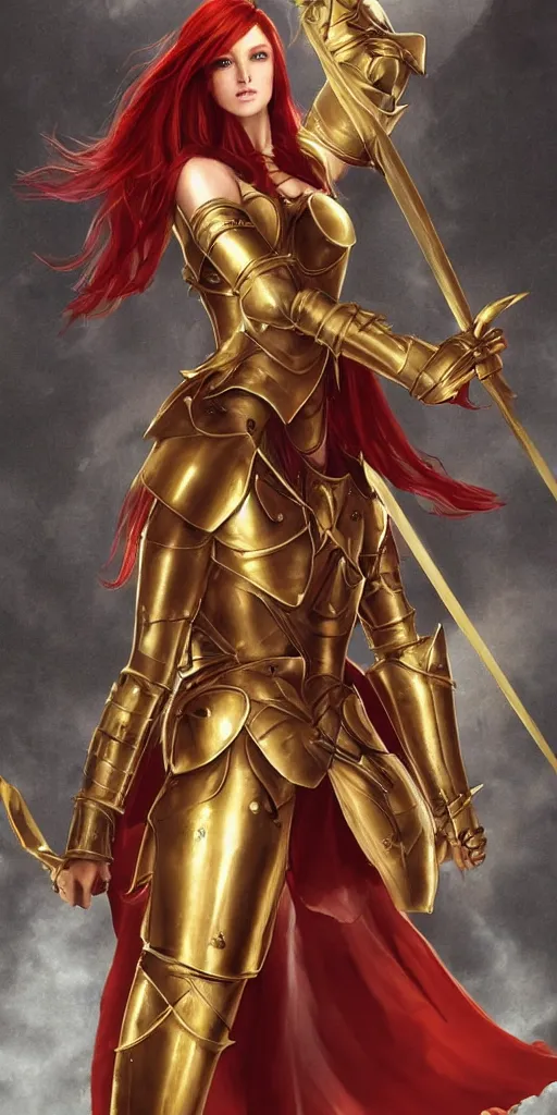 Image similar to a tall, red - haired female knight wearing golden armor and a right golden prosthetic arm, longer than her left arm. she wields a long golden blade