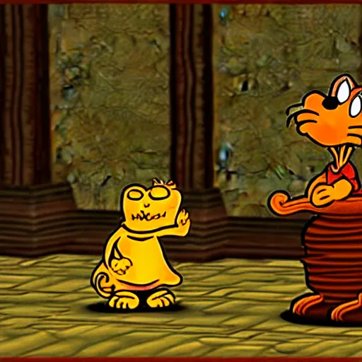 Image similar to garfield drinking from a vase in morrowind, retro pc graphics, video game screenshot