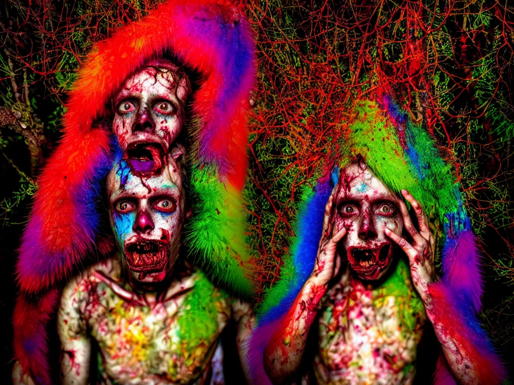 Prompt: a portrait of a beautiful colorful ( flesh - eating ) kala covered in raindow fur, eating the leg of a screaming man, ground covered in maggots, in a kaleidoscope forest with melting trees, schizophrenic hallucination, fear, morbid, nightmare, supernatural, 8 k, hd photography, highly detailed, chiaroscuro, terrifying