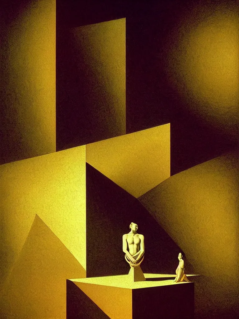 Image similar to hyperrealistic still life portrait of a mind exploding inside of a serene temple, beautiful plans, sacred geometry, light refracting through prisms in a tesseract, by Caravaggio, botanical print, surrealism, vivid colors, serene, golden ratio, rule of thirds, negative space, minimalist composition