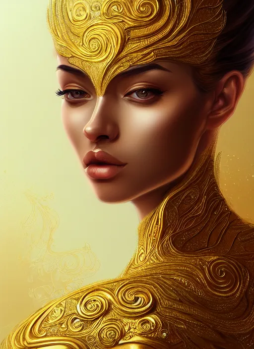 Prompt: portrait of female, gold, intricate, elegant, highly detailed, digital painting, artstation, concept art, smooth, sharp focus, illustration