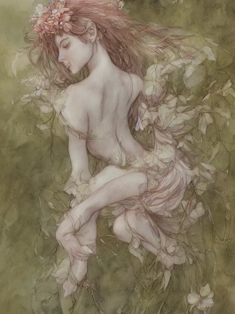 Image similar to study of a flower fairy, illustration, watercolor, alan lee, detailed, pretty, ethereal, realistic, artstation,