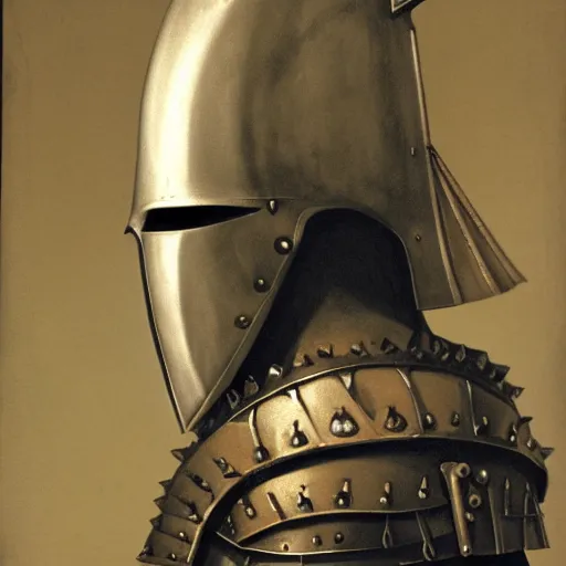 Prompt: side - view portrait of a knight, kaldor helmet, some spikes on top, cranium face
