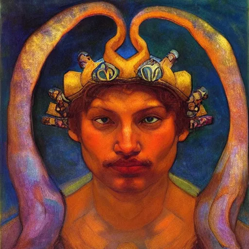 Prompt: the tentacle crown, by Annie Swynnerton and Nicholas Roerich and Diego Rivera, glowing skin, elaborate costume, geometric ornament, symbolist, rich color, dramatic cinematic lighting, smooth, sharp focus, extremely detailed