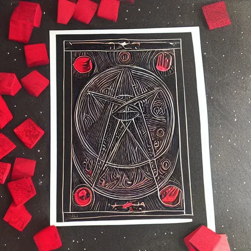 Image similar to tarot card on black paper of intricate red illustration of runes