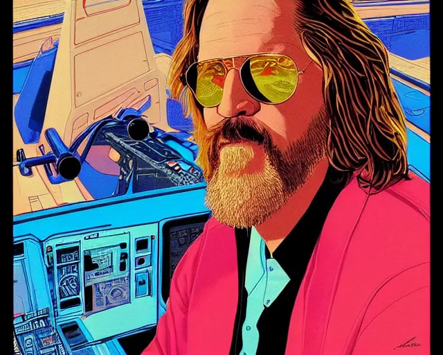 Prompt: portrait of the dude from the big lebowski in a futuristic cockpit risograph artwork by moebius and alex ross intricately detailed trending on artstation