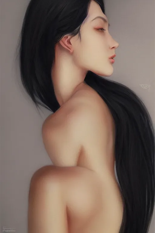 Image similar to sideview of a beautiful black haired pale woman, by artgerm, by studio trigger, by wlop, realistic, soft light, warm colors