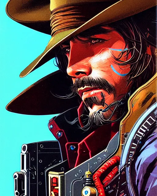 Image similar to mccree from overwatch, cyber space cowboy, character portrait, portrait, close up, concept art, intricate details, highly detailed, vintage sci - fi poster, retro future, vintage sci - fi art, in the style of chris foss, rodger dean, moebius, michael whelan, and gustave dore