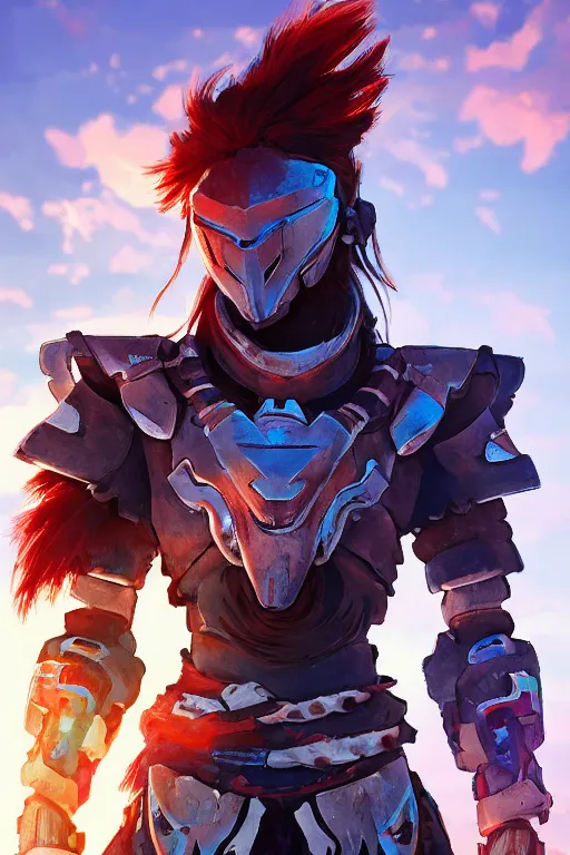 Image similar to combination suit armor aloy horizon forbidden west horizon zero dawn radiating a glowing aura global illumination ray tracing hdr fanart arstation by ian pesty and alena aenami artworks in 4 k tribal robot ninja mask helmet backpack