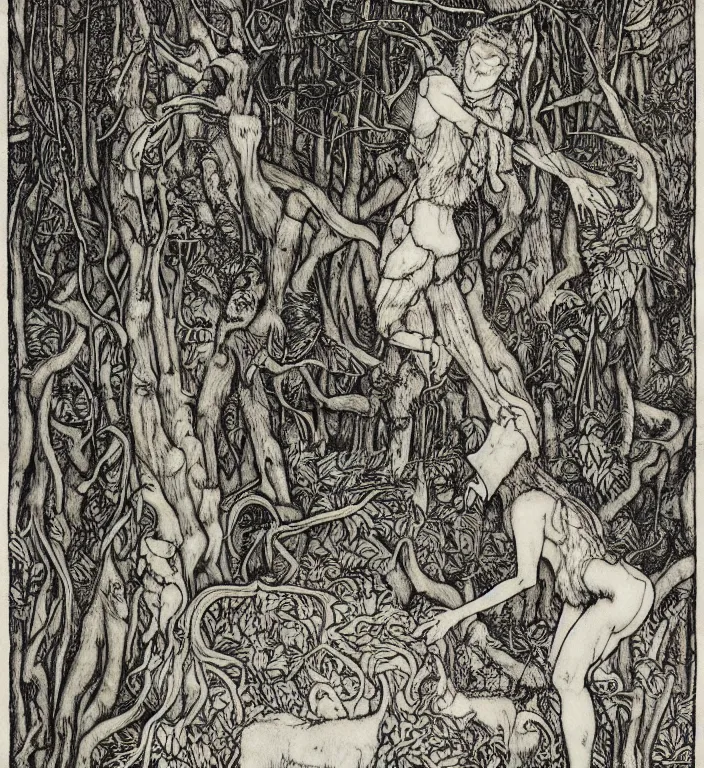Prompt: person in the forest with a goat and a robot by Ivan Bilibin, Austin Osman Spare, Arthur Rackham, Vania Zouravliov, high quality, ultra detailed