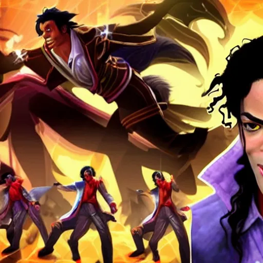 Image similar to michael jackson as a character in the game league of legends, with a background based on the game league of legends, detailed face