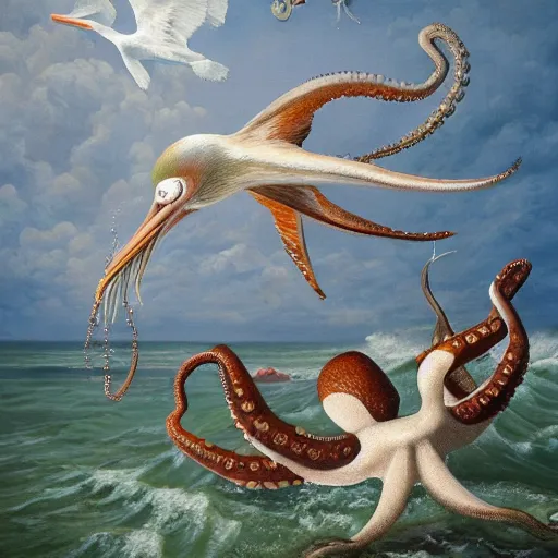 Image similar to an octopus learning to fly with pelicans, oil on canvas, intricate, 8k highly professionally detailed, HDR, CGsociety