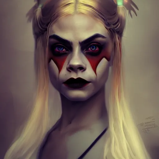 Prompt: a Photorealistic dramatic fantasy render of a beautiful cara delevingne as harley quinn,Artgerm,Greg Rutkowski,Alphonse Mucha, Beautiful dynamic dramatic dark moody lighting,shadows,cinematic atmosphere,Artstation,concept design art,Octane render,8K