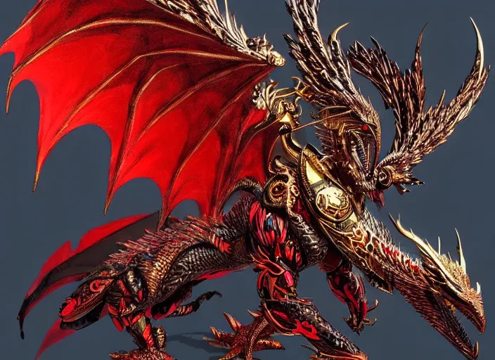 Prompt: Majestic winged dragon with ornate red and gold scales. In style of Yoji Shinkawa and Hyung-tae Kim, trending on ArtStation, dark fantasy, great composition, concept art, highly detailed.