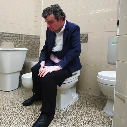 Prompt: gerald darmanin is searching his dignity in the toilets