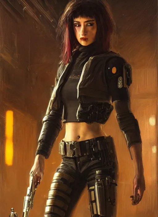 Prompt: 💃🏻. cyberpunk police trooper in a military vest ( blade runner 2 0 4 9, cyberpunk 2 0 7 7 ). orientalist portrait by john william waterhouse and james gurney and theodore ralli and nasreddine dinet, oil on canvas. cinematic, hyper realism, realistic proportions, dramatic lighting, high detail 4 k