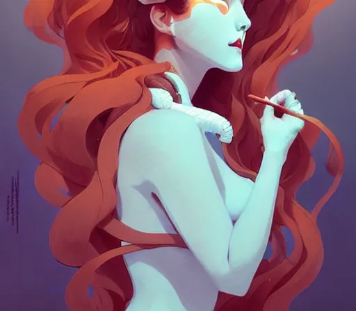 Prompt: beautiful artistic - wave highly detailed portrait female, with kitsune mask, long red hair, by atey ghailan, by greg rutkowski, by greg tocchini, by james gilleard, by joe fenton, by kaethe butcher, dynamic lighting, gradient light blue, brown, blonde cream and white color scheme, grunge aesthetic