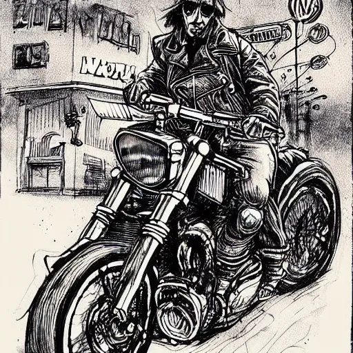 Image similar to hells angel biker riding through a burning street, intricate ink drawing, highly detailed in the style of Ashley Wood