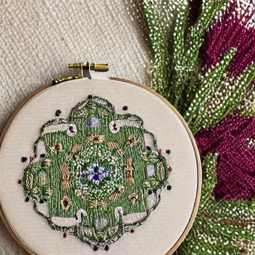 Image similar to a detailed product photograph of a little symmetrical intricately embroidered enchantment that represents abundance and playfulness and that friday feeling, made with tiny delica beads and glitter thread and herbs, organic olive green tones, light leaks