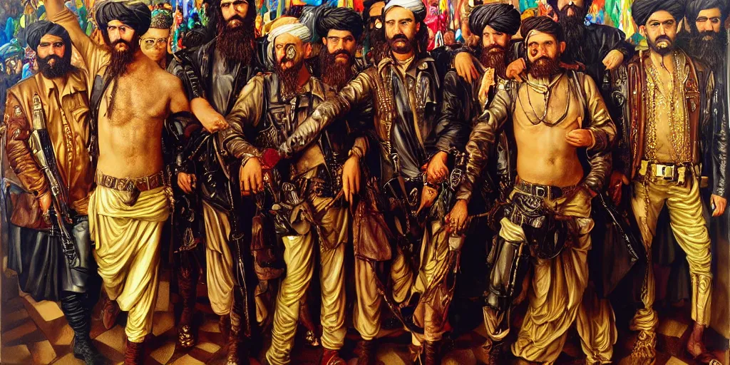 Prompt: taliban and leather men at pride, abstract oil painting by gottfried helnwein pablo amaringo raqib shaw zeiss lens sharp focus high contrast chiaroscuro gold complex intricate bejeweled