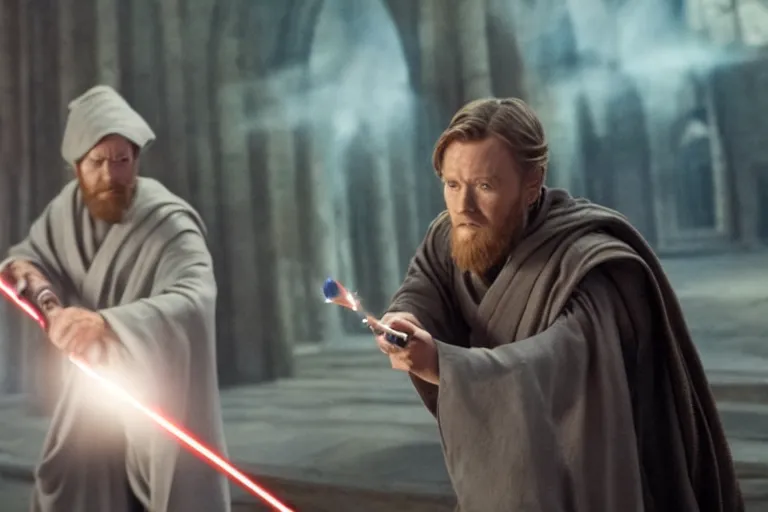 Image similar to film still, obi wan kenobi in a pointy hat casting lumos with a wand in the new harry potter movie,