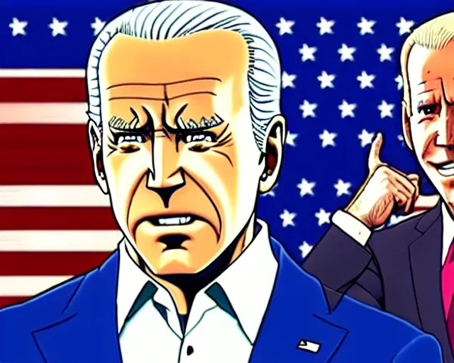 Prompt: Joe Biden in JoJo’s Bizarre Adventure anime by Hirohiko Araki, highly detailed, dynamic lighting, anime style