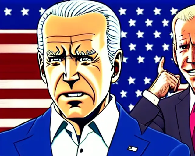 Image similar to Joe Biden in JoJo’s Bizarre Adventure anime by Hirohiko Araki, highly detailed, dynamic lighting, anime style