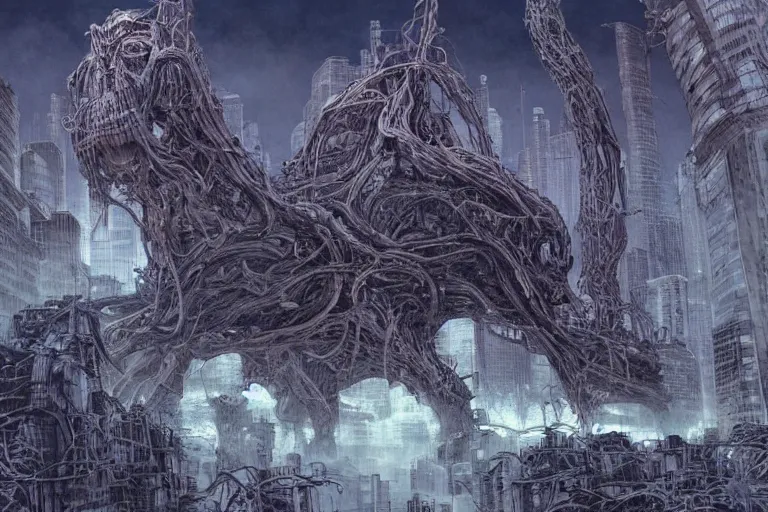 Prompt: Ominous ariel view news footage of Gargantuan, Mastodonic, Inter-Dimensional Behemoth Entity Monster designed by Yoshitaka Amano,Moebius, GANTZ, Wayne Barlowe,H.R. Giger at devastated Toronto downtown district, chaotic riots in 2022, directed by James Cameron, denis villeneuve