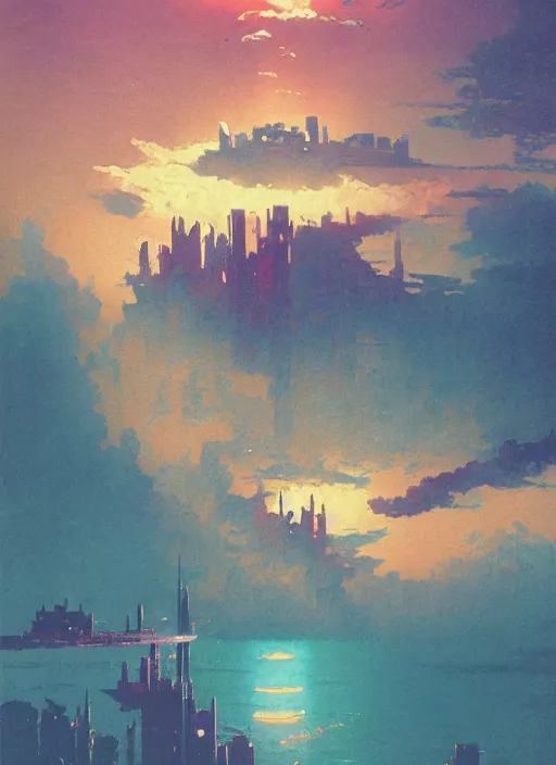 Prompt: vintage anime cinematic lush underwater glowing city skyline on the edge of a steep cliff by Studio Ghibli and Ivan Aivazovsky, trending on ConceptArtWorld, watercolor concept art by Syd Mead, by william herbert dunton, watercolor strokes, japanese woodblock, by Jean Giraud