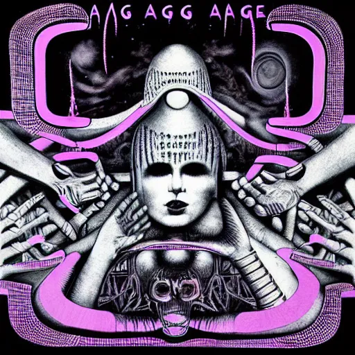 Image similar to post - punk new age album cover, magic, apocalypse, psychedelic, black white pink, magic, giger h. r.