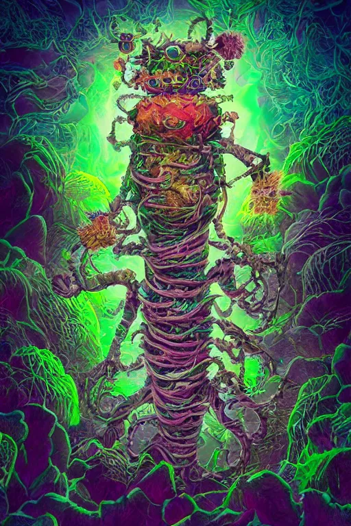 Image similar to creature sushi roots cactus elemental flush of force nature micro world fluo light deepdream a wild amazing steampunk baroque ancient alien creature, intricate detail, colorful digital painting radiating a glowing aura global illumination ray tracing