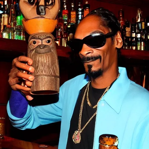 Image similar to snoop dogg at trader vic's bar holding a tiki mug with his face on it