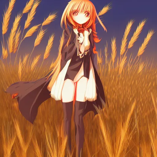 Image similar to anime illustration of Holo from Spice and Wolf standing in a wheat field at sunset, Holo if a wolf girl, high detail, trending on artstation