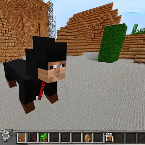 Image similar to an anthropomorphic black goat wizard in minecraft, screenshot