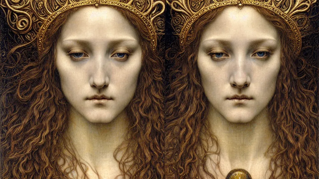 Image similar to detailed realistic beautiful young medieval queen face portrait by jean delville, gustave dore and marco mazzoni, art nouveau, symbolist, visionary, gothic, pre - raphaelite. horizontal symmetry