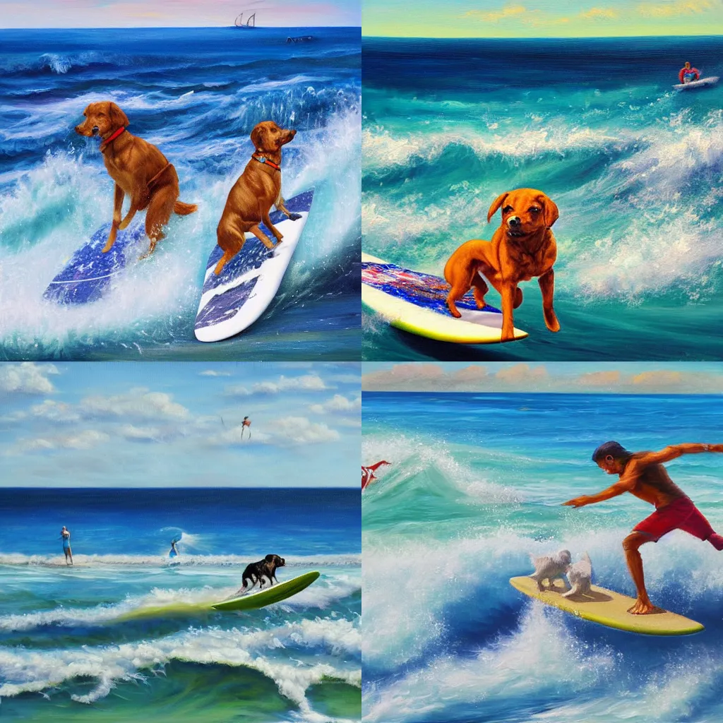 Prompt: android dogs on surfboards surfing on waves in the ocean, oil painting