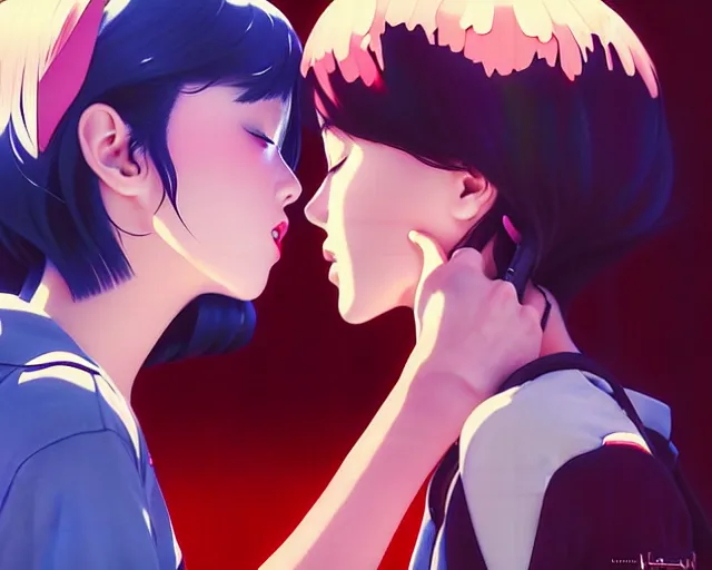 Image similar to two girls kissing | very very anime!!!, fine - face, audrey plaza, realistic shaded perfect face, fine details. anime. realistic shaded lighting poster by ilya kuvshinov katsuhiro otomo ghost - in - the - shell, magali villeneuve, artgerm, jeremy lipkin and michael garmash and rob rey