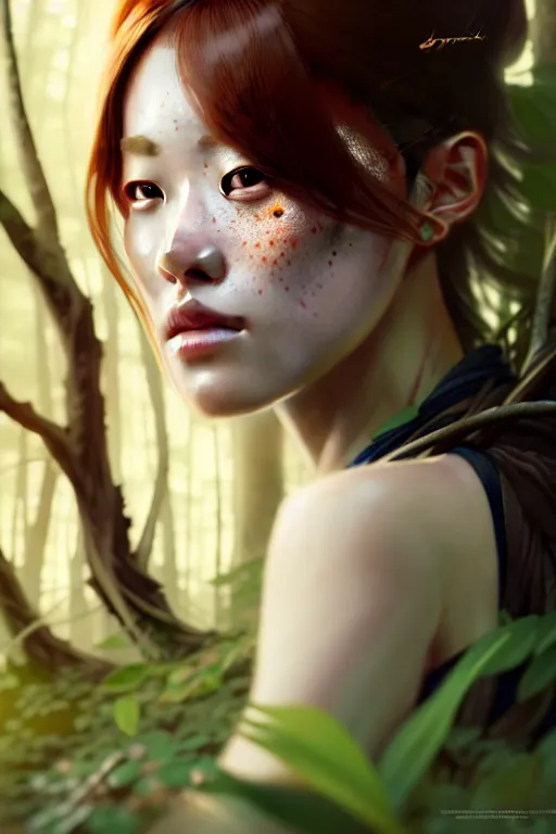 Image similar to beautiful digital painting of a hoyeon jung stylish female forest with high detail, real life skin, freckles, 8 k, stunning detail, works by artgerm, greg rutkowski and alphonse mucha, unreal engine 5, 4 k uhd