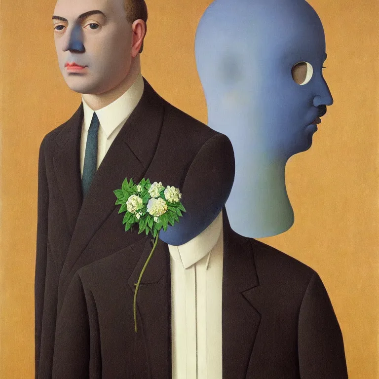 Image similar to portrait of a man, beautiful flowers replaced his head, by rene magritte, detailed painting, hd, hq, high resolution, high detail, 4 k, 8 k