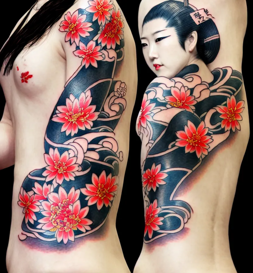 Image similar to japanese tattoo, koi, woman in kimono, realistic, full body, rich details, by wlop photo - grade