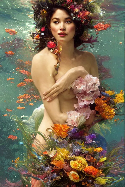 Image similar to portrait of a beautiful mysterious woman holding a bouquet of flowing flowers, small bubbles from her mouth, hands hidden under the bouquet, submerged underwater filled with colorful small fish and coral reef, fantasy, regal, intricate, by stanley artgerm lau, greg rutkowski, thomas kindkade, alphonse mucha, loish, norman rockwell