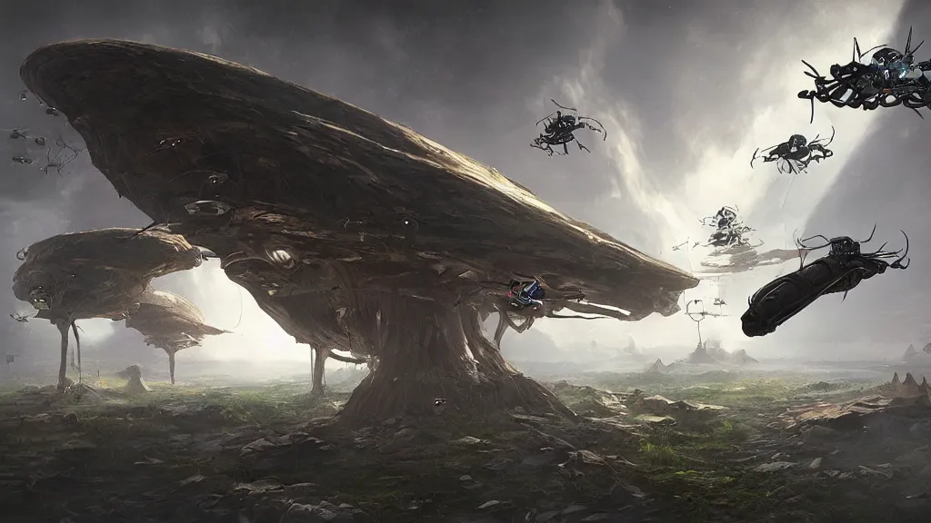 Image similar to alienspaceship with giant insectdrones flies into the ribcage cave, cgsociety,