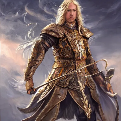 Image similar to Full body shot of beautiful male cleric with long flowing blonde hair wearing burnished bronze armour emblazoned with a swan on the breastplate. Wielding a magical scimitar embossed with the phases of the moon. Magic, bright divine lighting, flux. High fantasy, digital painting, HD, 4k, detailed by Ruan Jia