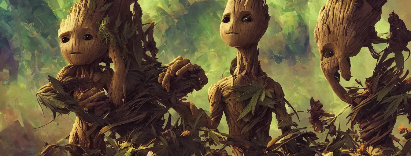 Image similar to duotone concept illustration 3 / 4 portrait of baby groot wearing cannabis hat, hemp, marijuana!, cinematic volumentric lighting, jim cheung, david marquez, mike deodato jr, ilya kuvshinov, makoto shinka, behance hd by jesper ejsing, by rhads, hyper detailed, octane render, concept art, artstation