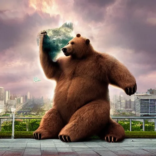 Image similar to a giant bear attacking the city, photomanipulation, photoshop, digital art