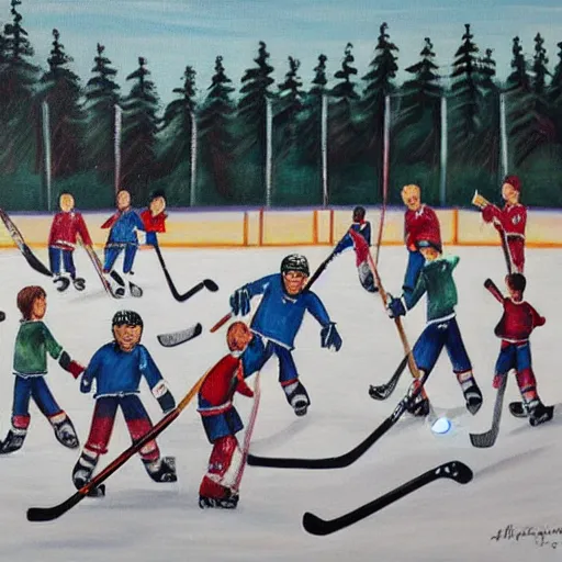 Prompt: a painting of a group of kids playing hockey in an outdoor rink